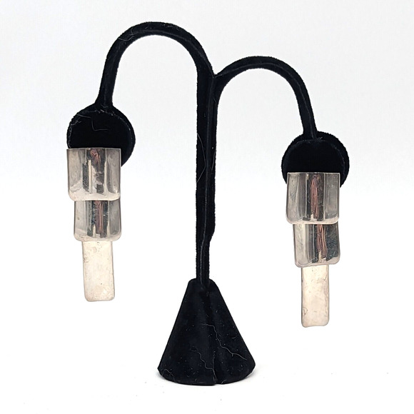 Taxco Modernist Geometric Sterling Silver Dangly Earrings Made in Mexico - Picture 3 of 10